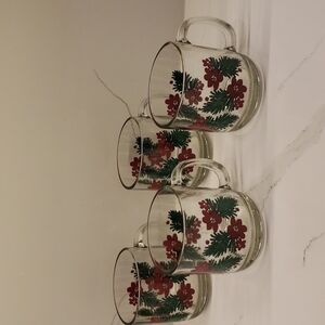 VINTAGE Set of 4 Glass Christmas mugs cups poinsetta design 4"Diam x 4.2…
